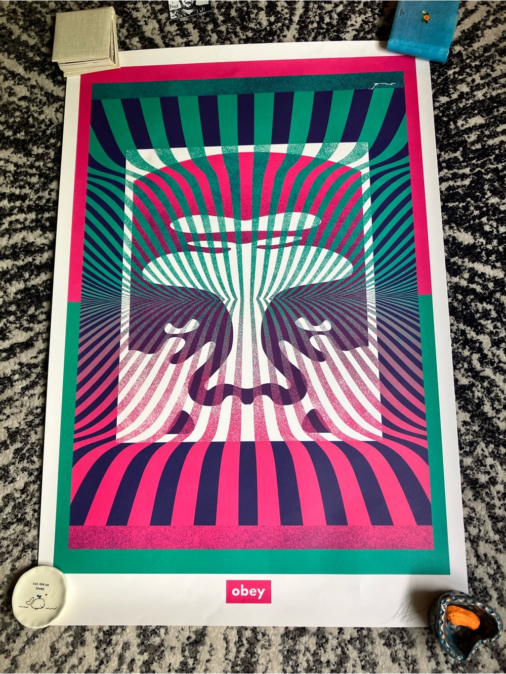 New Obey Pink Teal & Navy Optical Portrait 36 x 24 signed Shepard Fairey Art